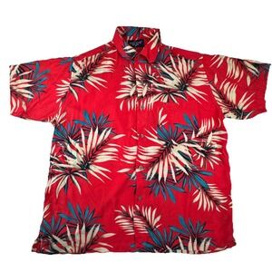 Hardwood Mens Shirt M Red Tropical Palm Leaf Print Cotton Hawaiian‎ Button Up